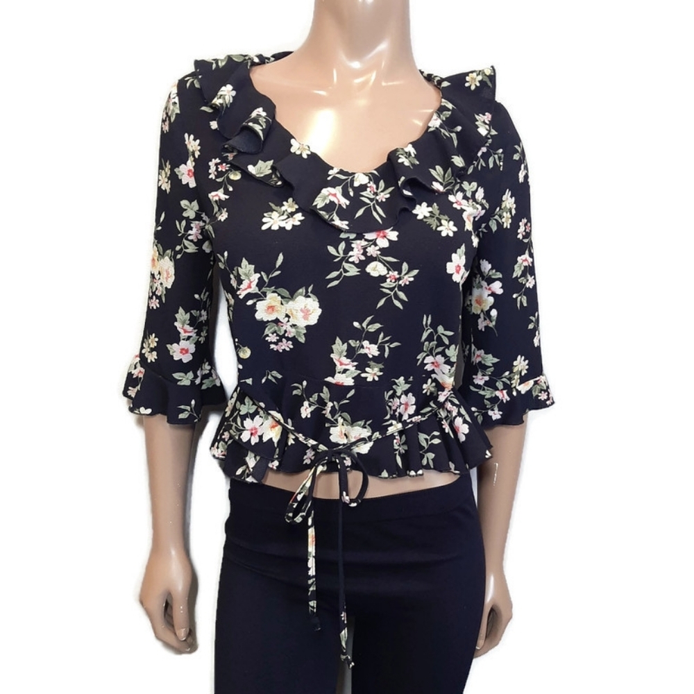Ripe Maternity Ruffled Floral Crop Top Tie Waist 3/4 Sleeve Crepe Black Blouse